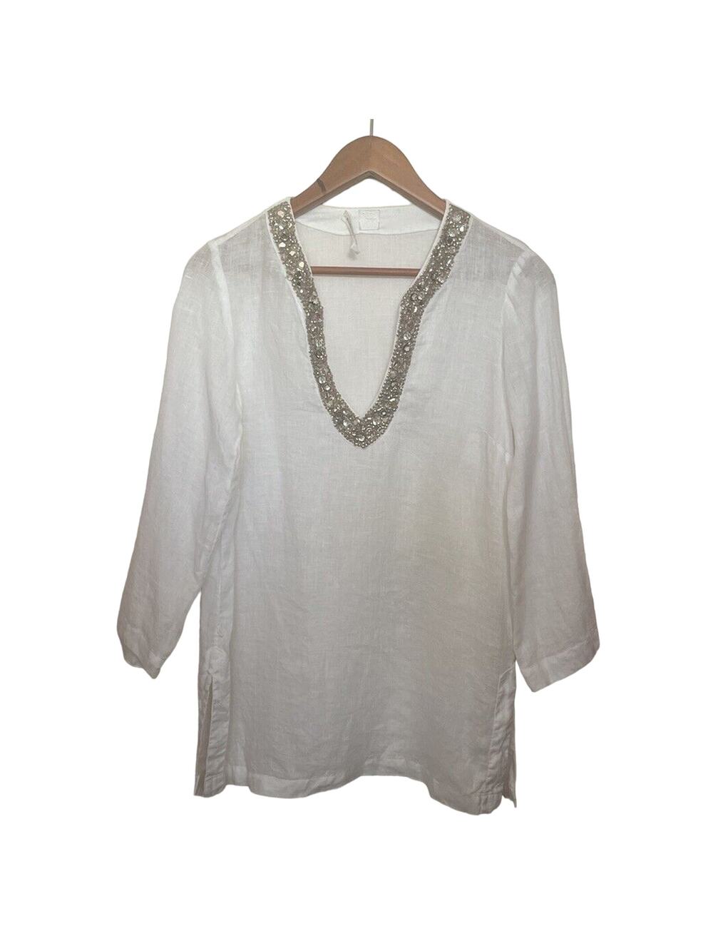 120% Lino Rhinestone Beaded 3/4 Sleeve Linen Top Women’s Size 40 White